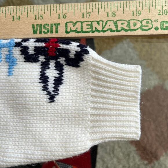 80s Acrylic Flower White Mockneck Nordic Knit Sweater Size L - Picture 7 of 7